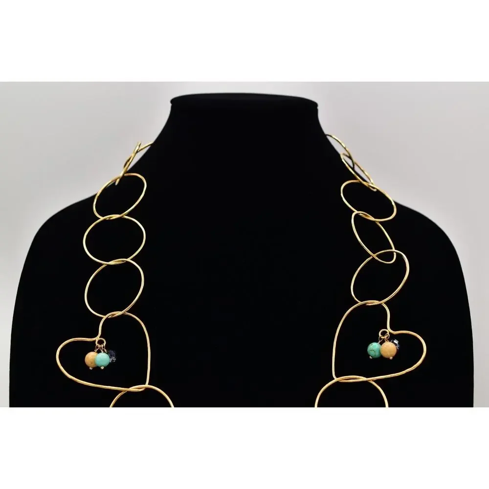 Vintage Heart Dangle Beaded Necklace Linked Gold Tone Chain Chunky 1980s BinBL